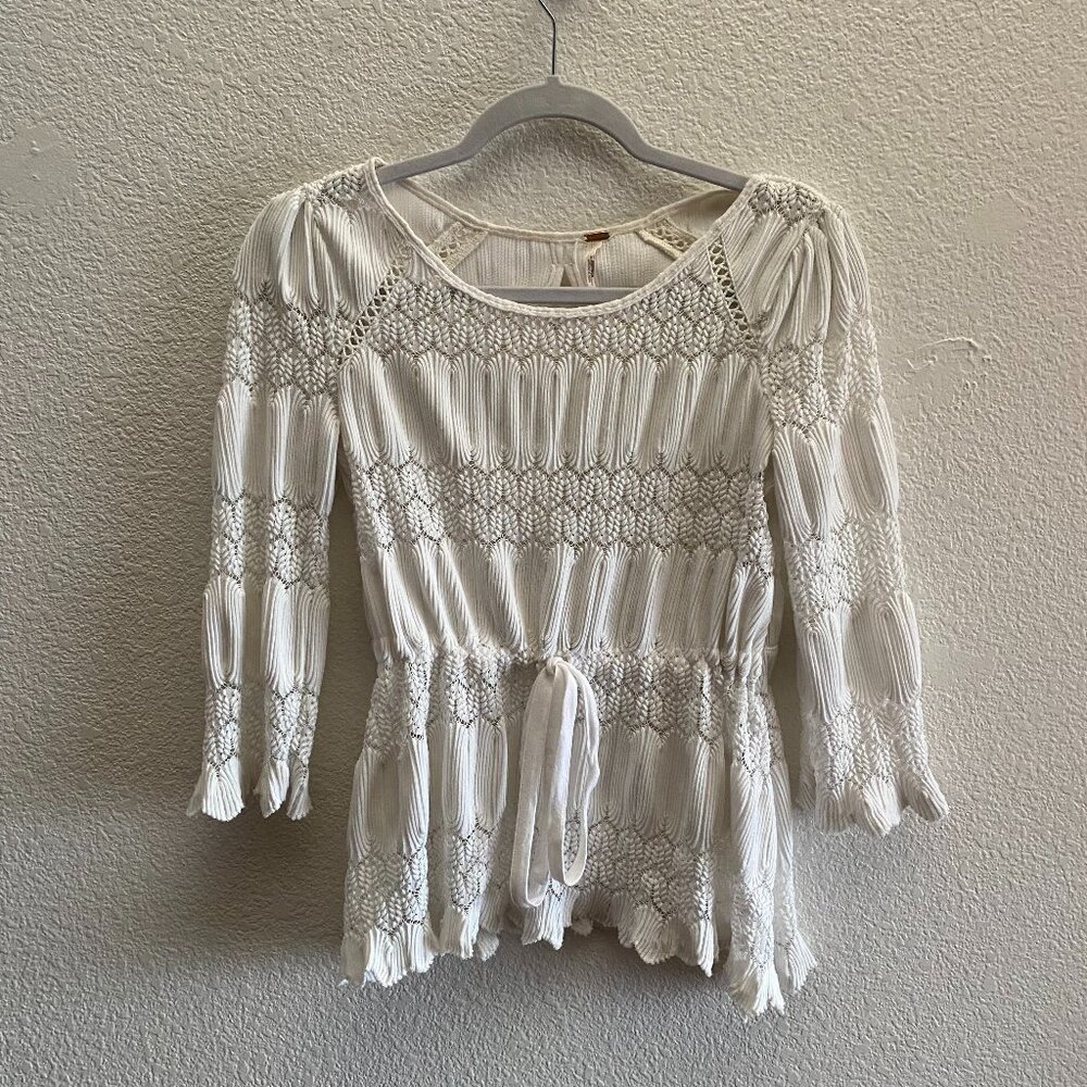 Free People Fire Island Crochet Cinch Waist Shirt Top Small White Color XS